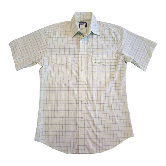 NWOT Wrangler Men's Western Wrinkle Resistant Green Blue Plaid Shirt Size Medium - Picture 1 of 9